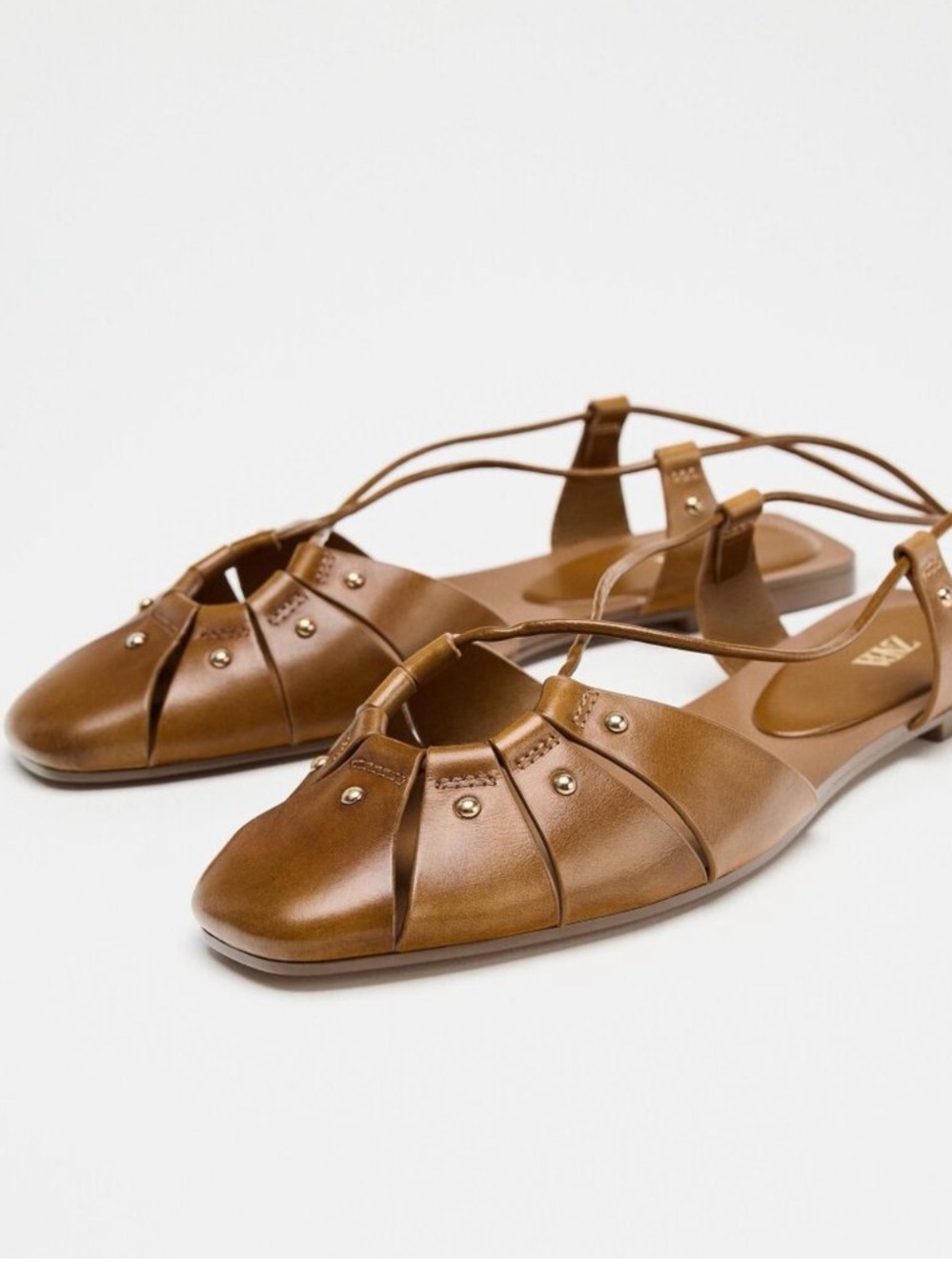 Zara Tan Leather Lace-Up Cage Sandals